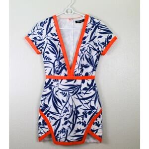 Missguided Dress Mini US Size 2 Deep V Lined Resort Summer Body Con White Blue